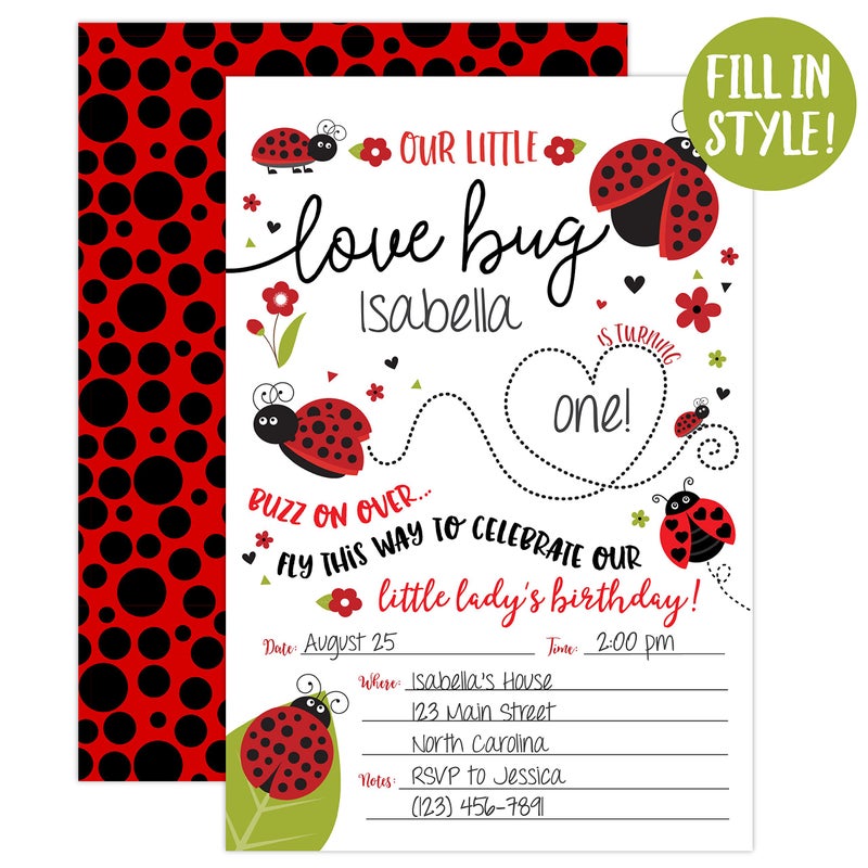 Your Main Event Prints Ladybug Birthday Invitation - Lady Bug Party Invite - 20 Fill-In Style with Envelopes - Little Lady Girl Birthday Invitations - White Envelopes Included - Image 2